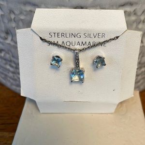 New! Simulated Aquamarine and Sterling Silver Pendant Earring Set